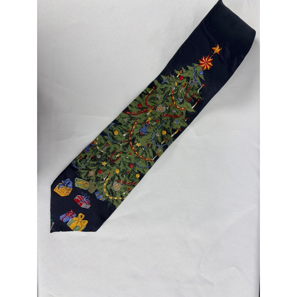 Reed St James Mens Christmas Tree Silk Necktie Navy Blue Holiday Gift Theme Tie